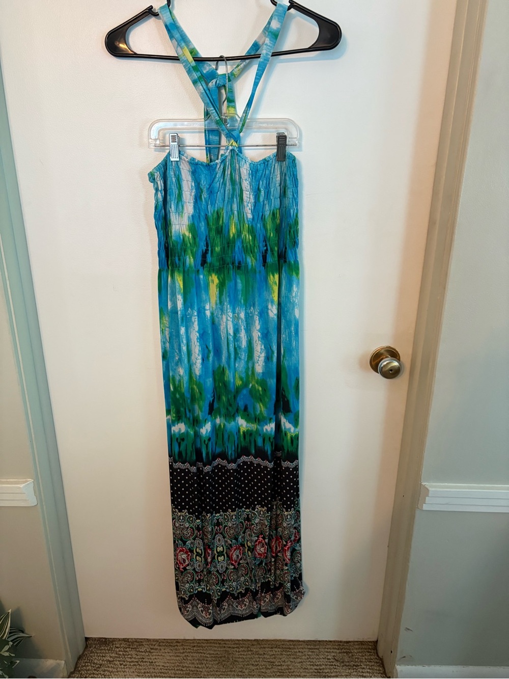 Just Love Blue Green Tie-Dye Maxi Dress with Printed Hem